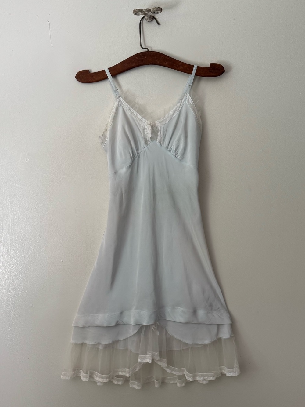 Vintage Ice Blue Rayon, Ruffle and Lace Slip Dressed.